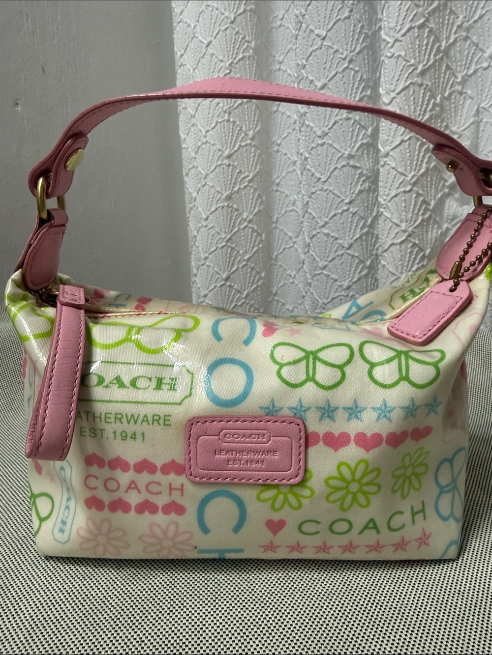 Coach Multicolor Logo Print Mini Shoulder Bag with Pink Handle